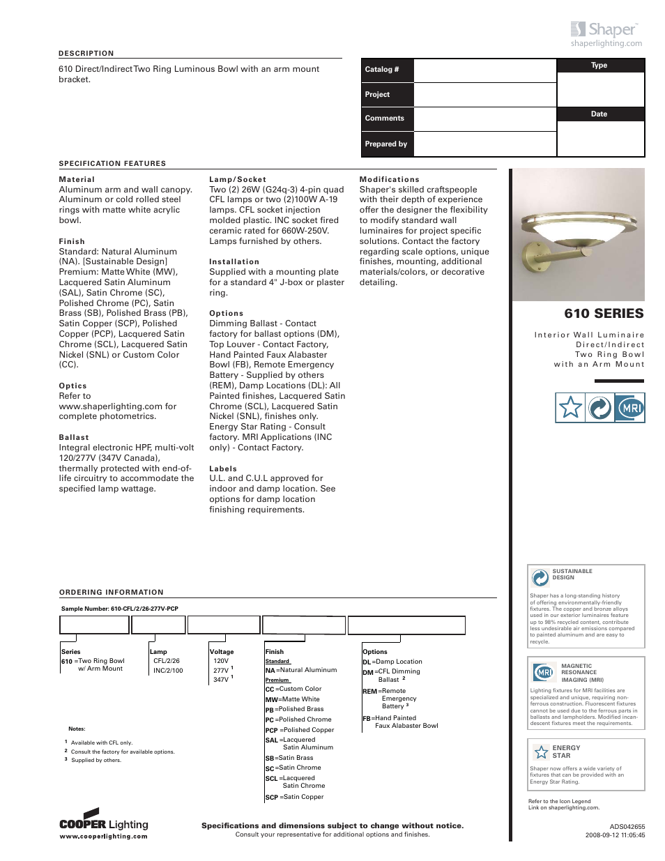 Cooper Lighting 610 User Manual | 2 pages