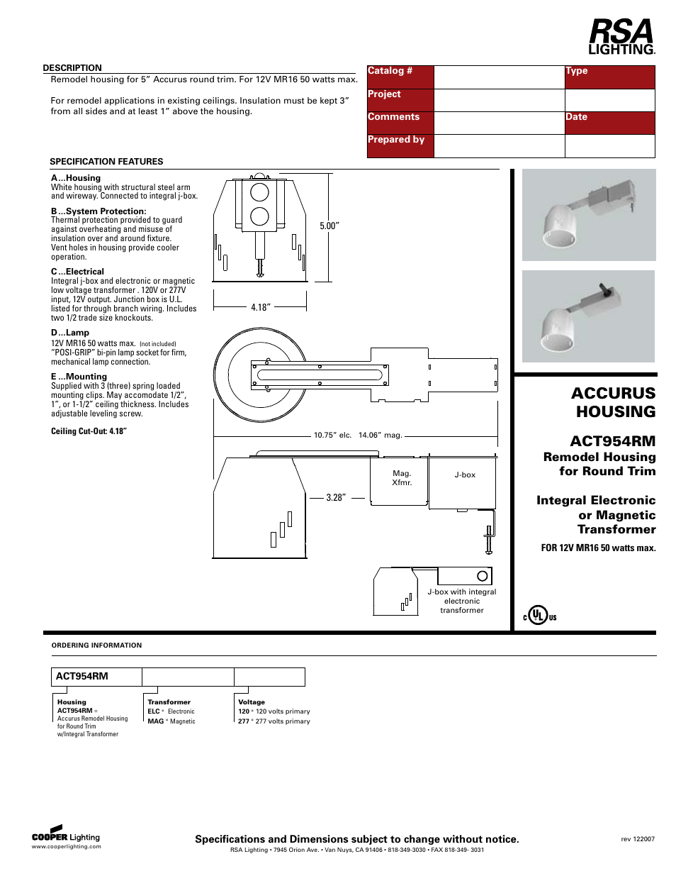 Cooper Lighting ACT954RM User Manual | 1 page