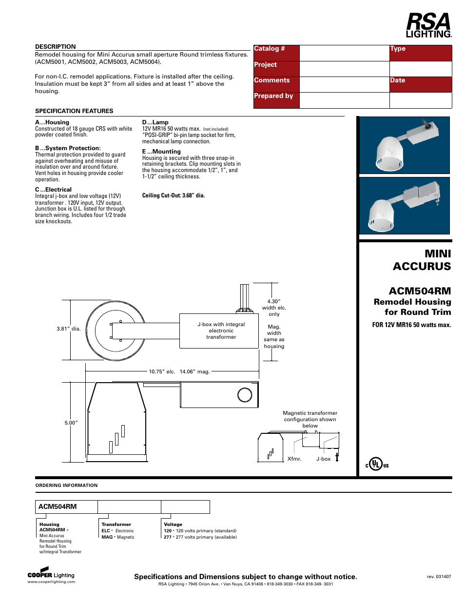 Cooper Lighting ACM504RM User Manual | 1 page