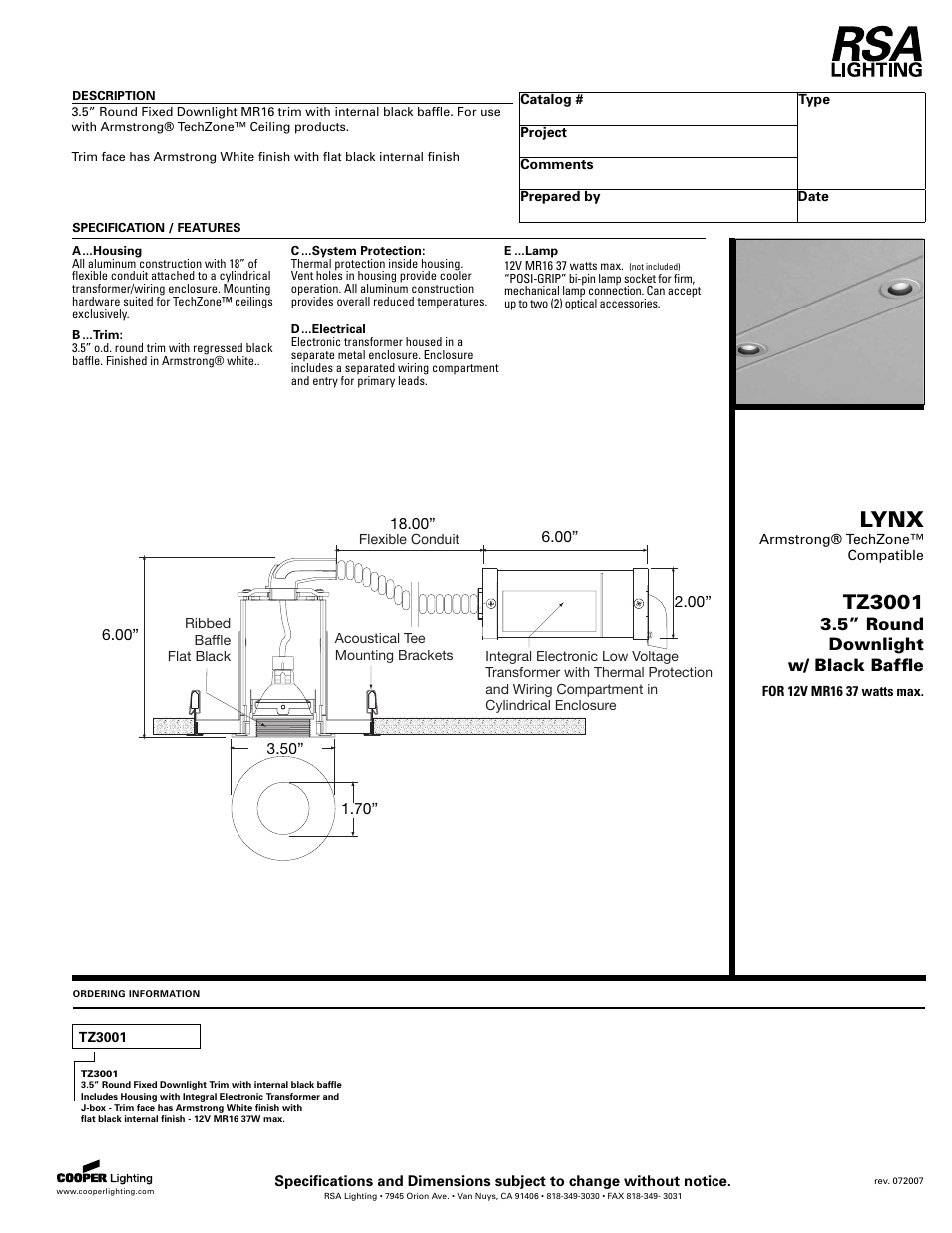 Cooper Lighting TZ3001 User Manual | 1 page