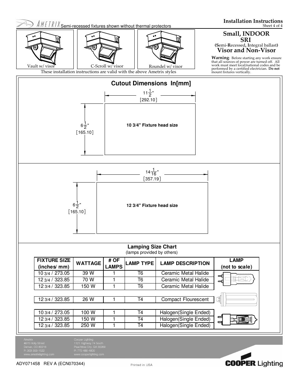 Cutout dimensions in[mm, Small, indoor sri, Visor and non-visor | Cooper Lighting ADY071458 User Manual | Page 4 / 4