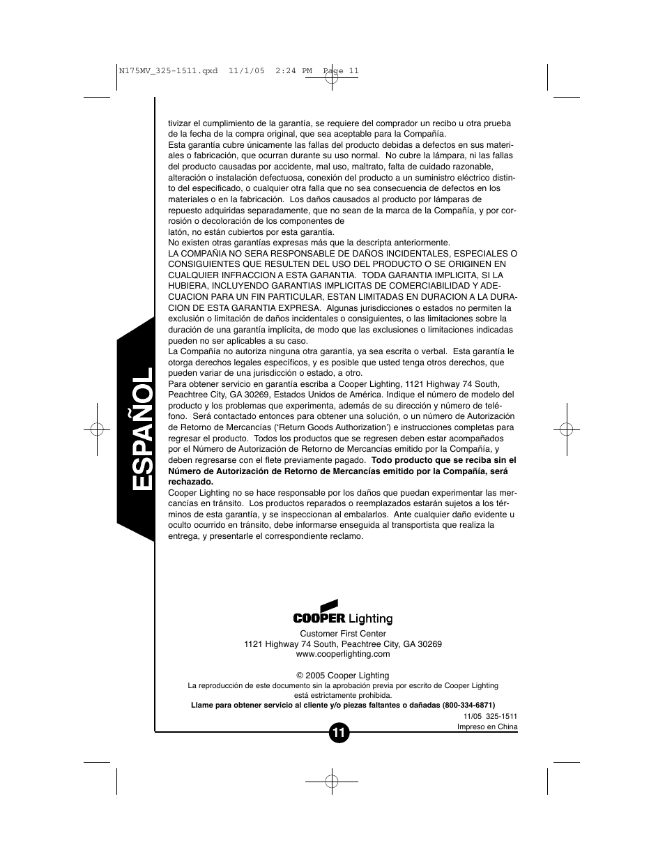 Cooper Lighting N175MV User Manual | Page 11 / 11