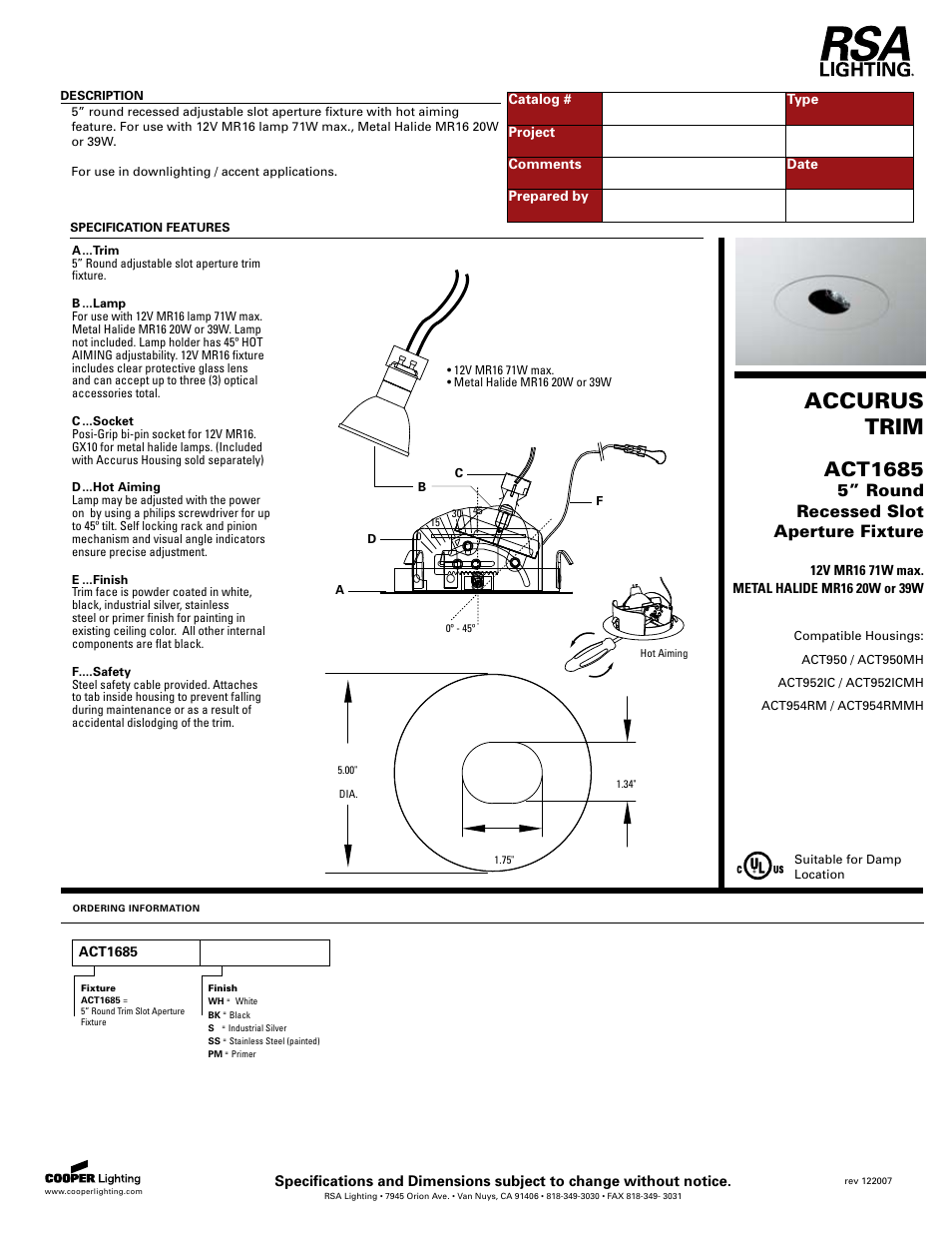 Cooper Lighting ACT1685 User Manual | 1 page