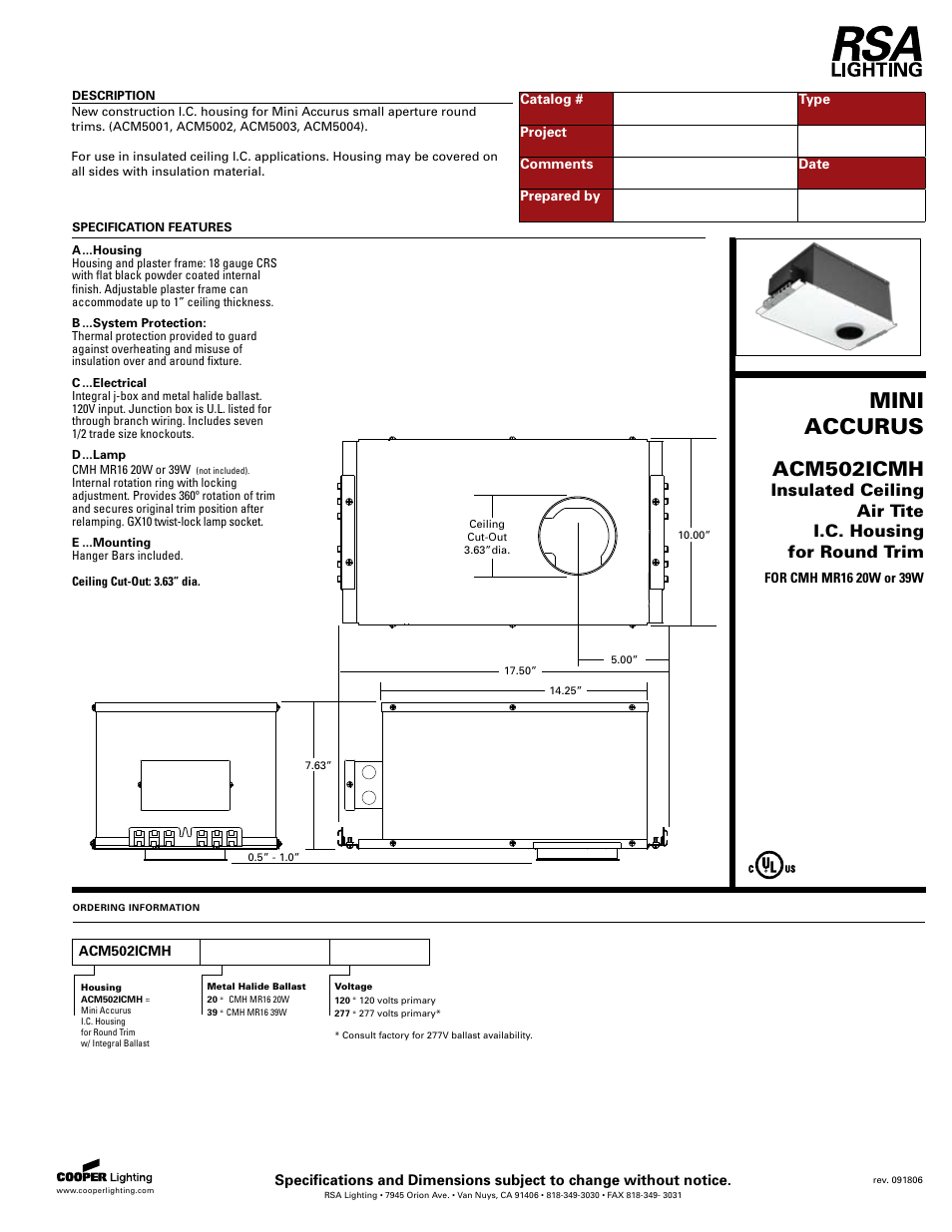 Cooper Lighting ACM502ICMH User Manual | 1 page