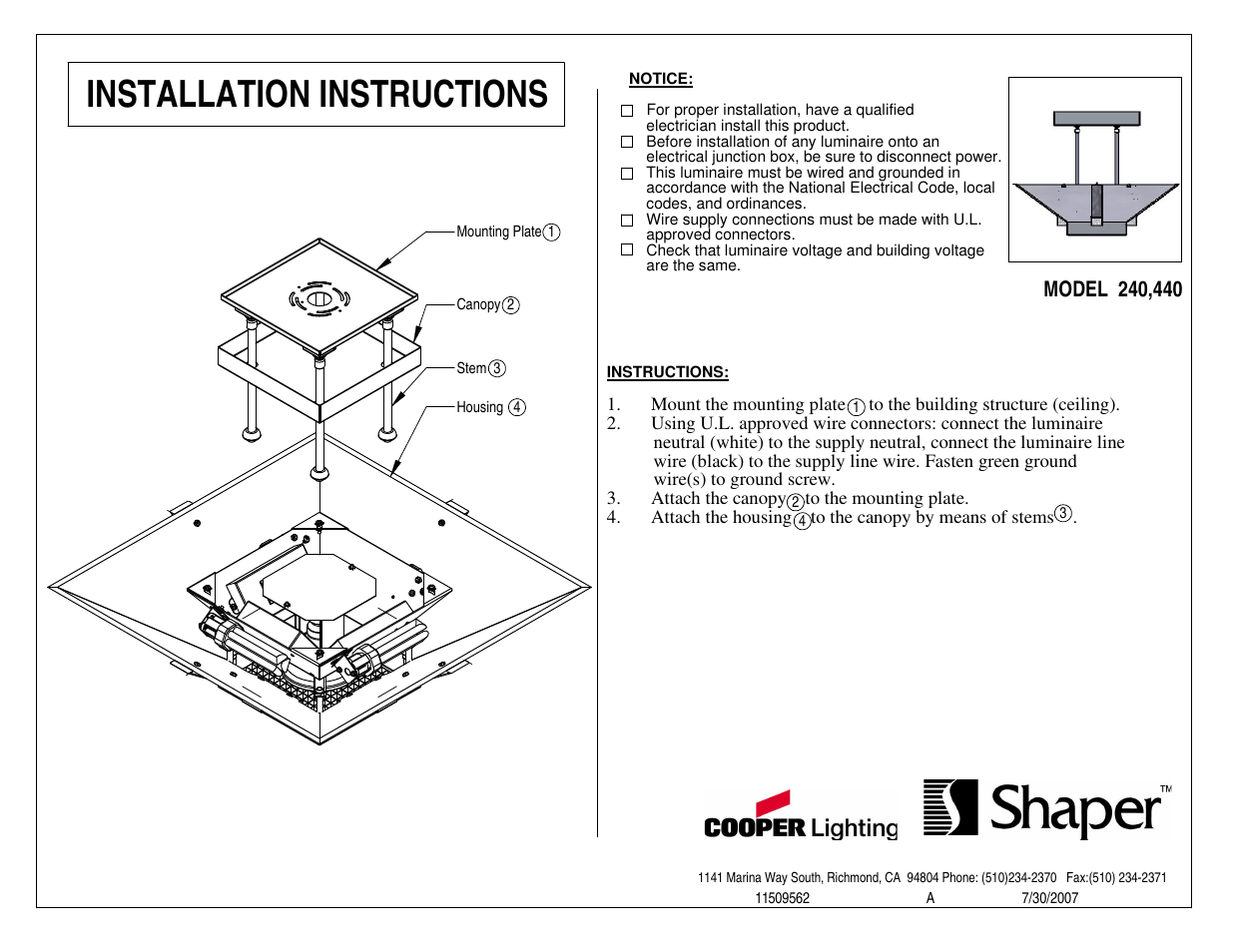 Cooper Lighting Metalux 240 User Manual | 1 page