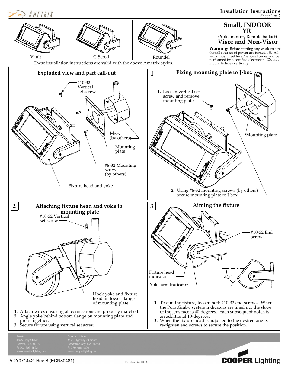 Cooper Lighting AMETRIX ADY071442 User Manual | 2 pages