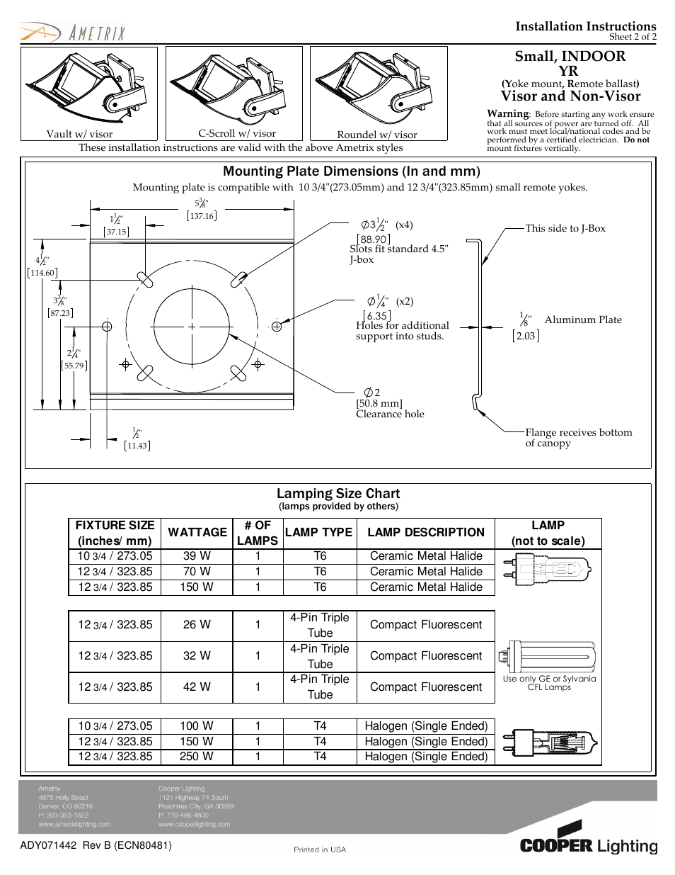 Visor and non-visor, Small, indoor yr, Installation instructions | Cooper Lighting AMETRIX ADY071442 User Manual | Page 2 / 2