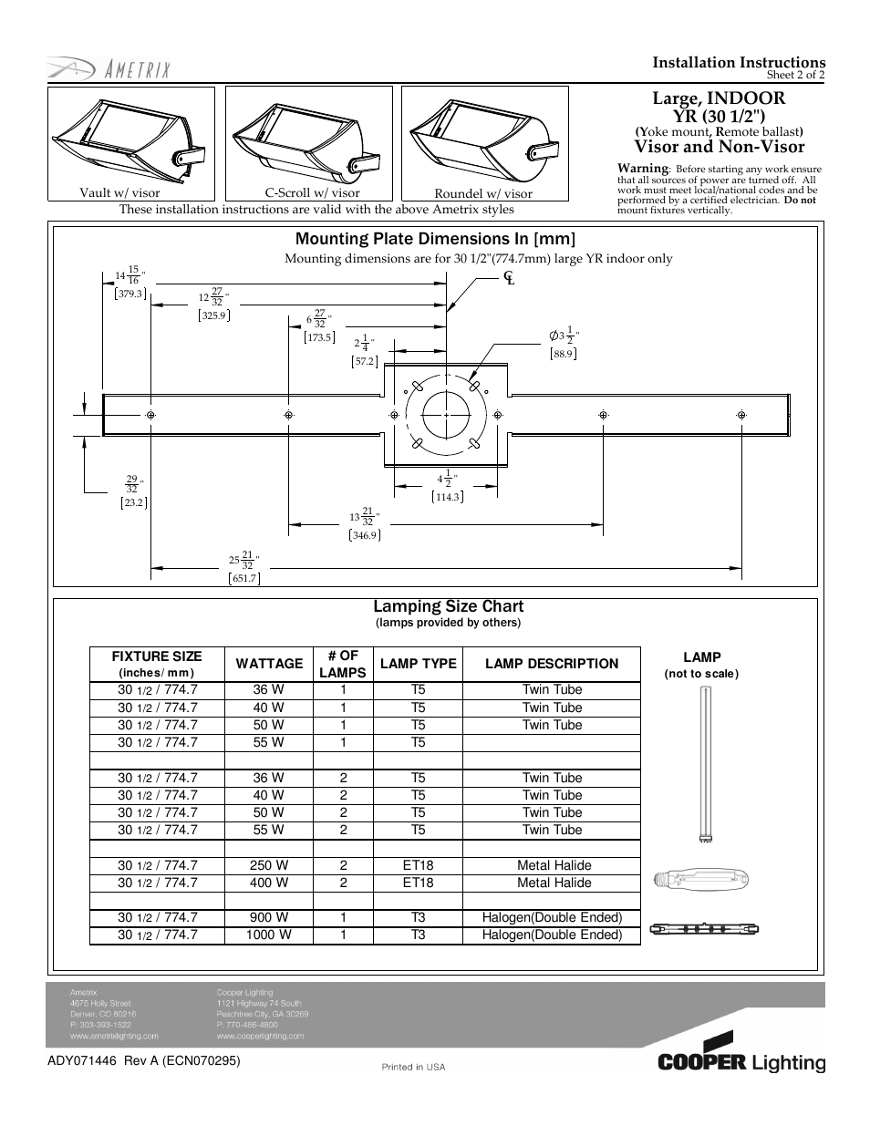 Large, indoor yr (30 1/2"), Visor and non-visor, Installation instructions | Cooper Lighting YR User Manual | Page 2 / 2