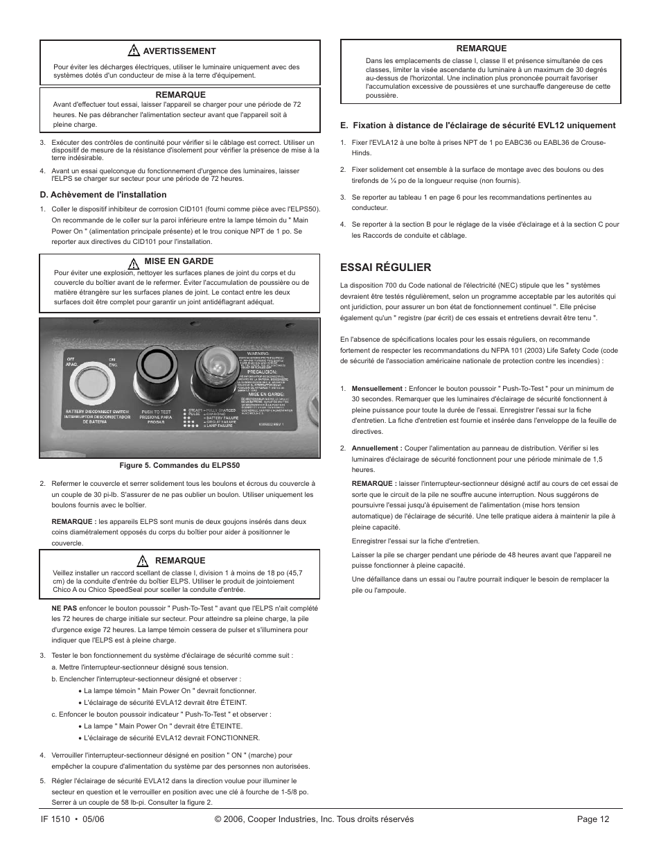 Essai régulier | Cooper Lighting ELPS502 User Manual | Page 12 / 24