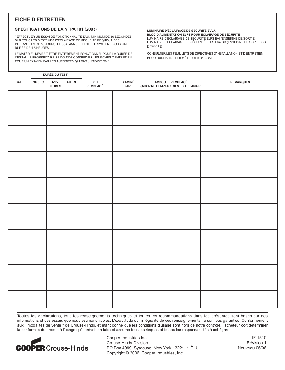 Fiche d'entretien | Cooper Lighting ELPS502 User Manual | Page 16 / 24