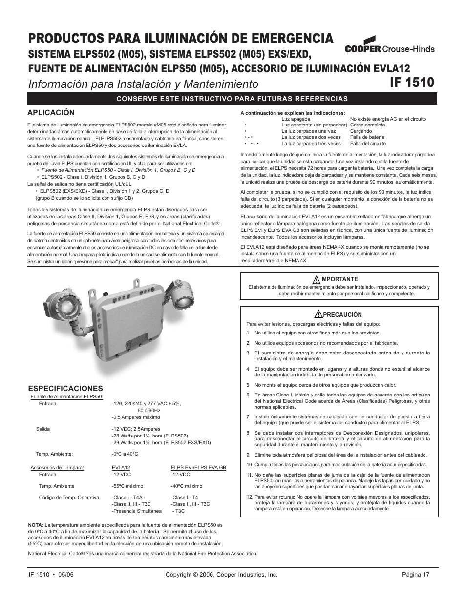 If 1510, Productos para iluminación de emergencia, Información para instalación y mantenimiento | Aplicación, Especificaciones | Cooper Lighting ELPS502 User Manual | Page 17 / 24