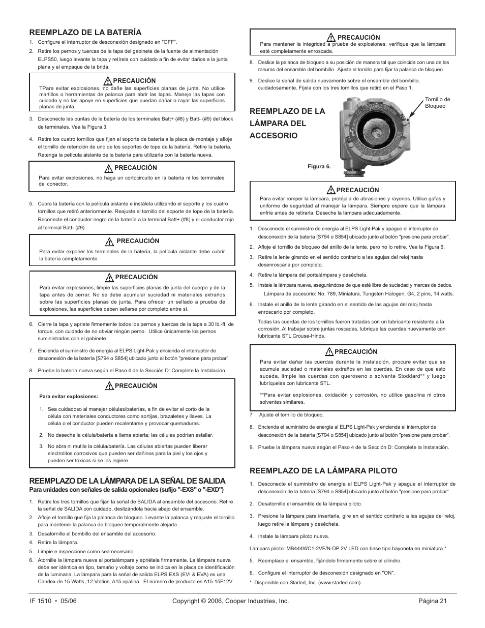 Reemplazo de la batería, Reemplazo de la lámpara de la señal de salida, Reemplazo de la lámpara del accesorio | Reemplazo de la lámpara piloto | Cooper Lighting ELPS502 User Manual | Page 21 / 24