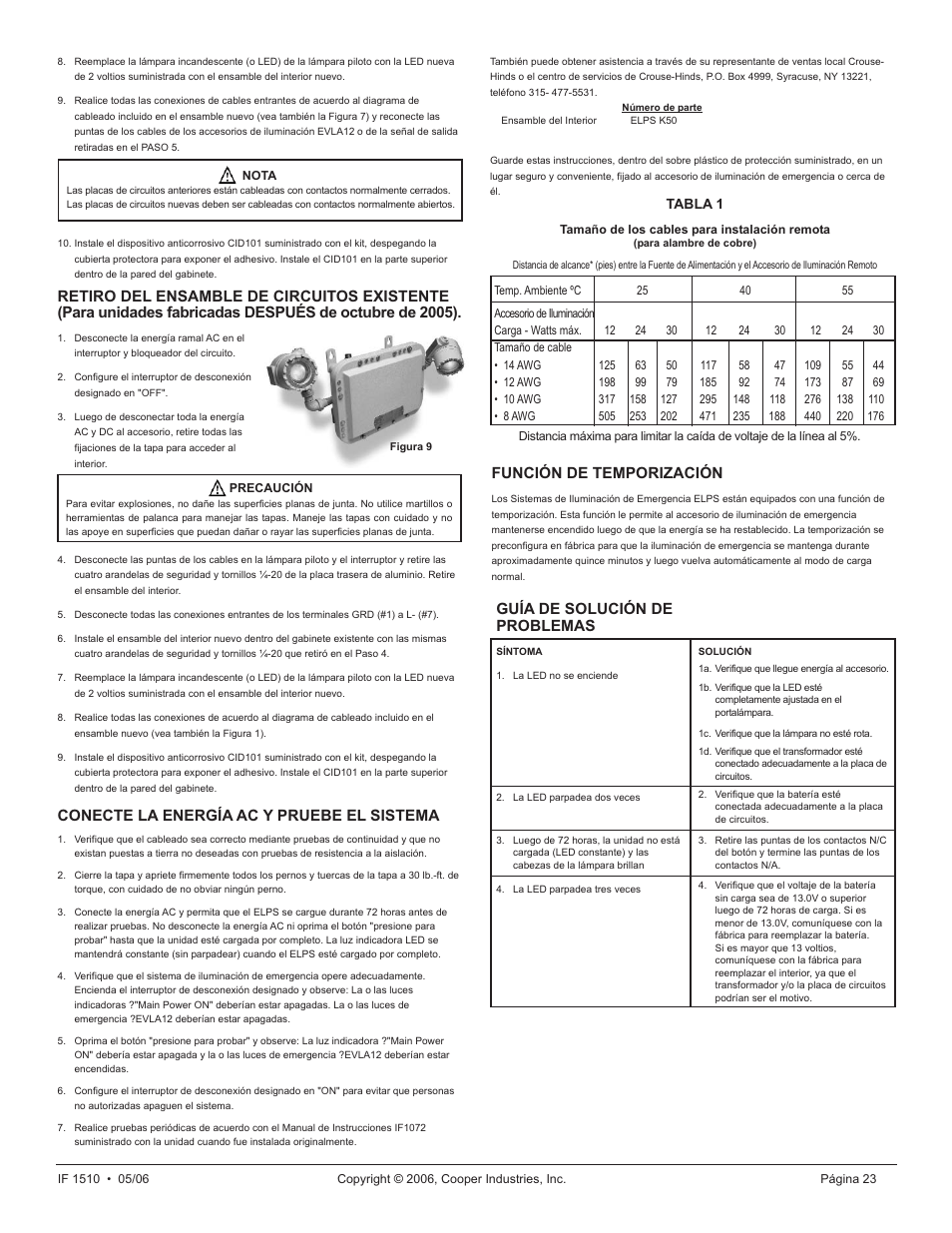 Conecte la energía ac y pruebe el sistema, Función de temporización, Guía de solución de problemas | Cooper Lighting ELPS502 User Manual | Page 23 / 24