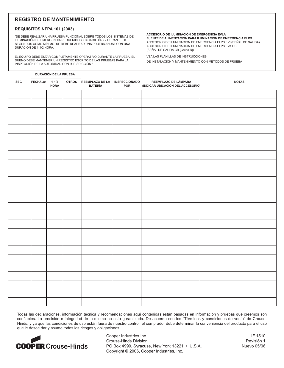 Registro de mantenimiento | Cooper Lighting ELPS502 User Manual | Page 24 / 24