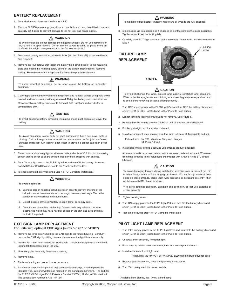 Battery replacement, Exit sign lamp replacement, Fixture lamp replacement | Pilot light lamp replacement | Cooper Lighting ELPS502 User Manual | Page 5 / 24