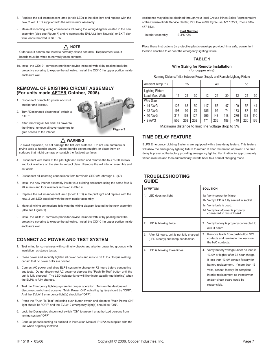 Connect ac power and test system, Time delay feature, Troubleshooting guide | Cooper Lighting ELPS502 User Manual | Page 7 / 24
