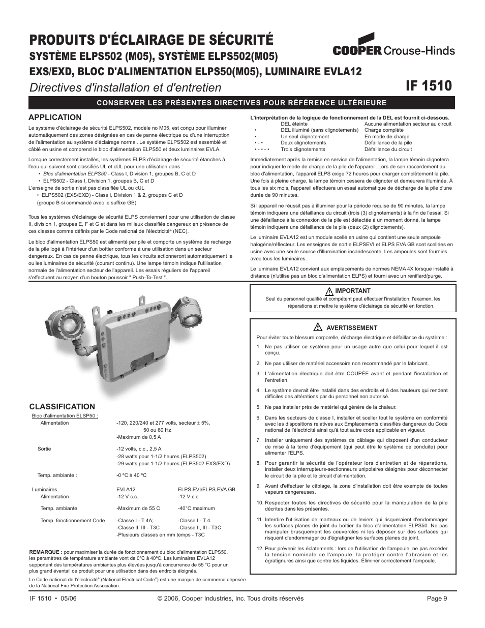 If 1510, Produits d'éclairage de sécurité, Directives d'installation et d'entretien | Application, Classification | Cooper Lighting ELPS502 User Manual | Page 9 / 24