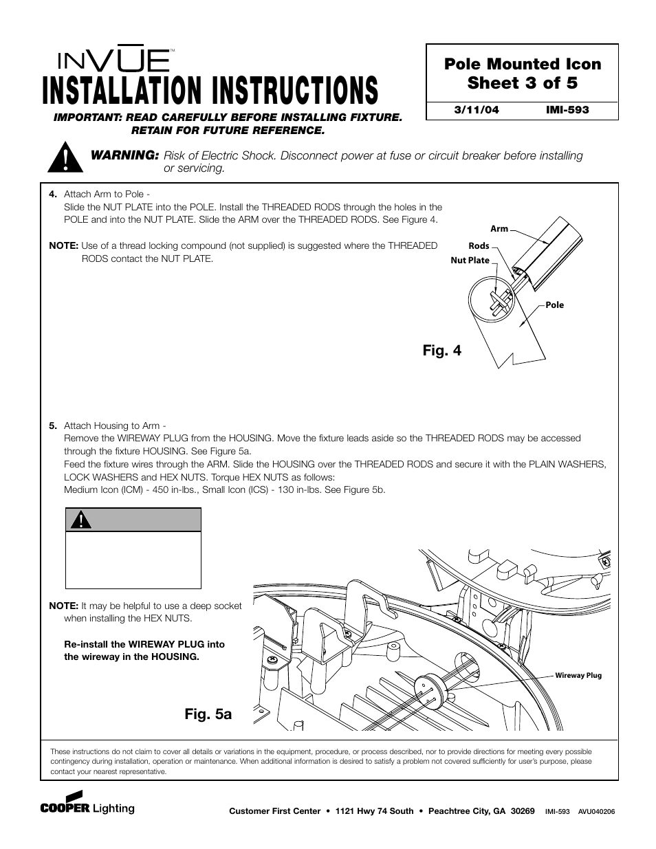 Installation instructions, Warning, Sheet 3 of 5 | Pole mounted icon, Fig. 4, Fig. 5a | Cooper Lighting Pole Mount Icon User Manual | Page 3 / 5