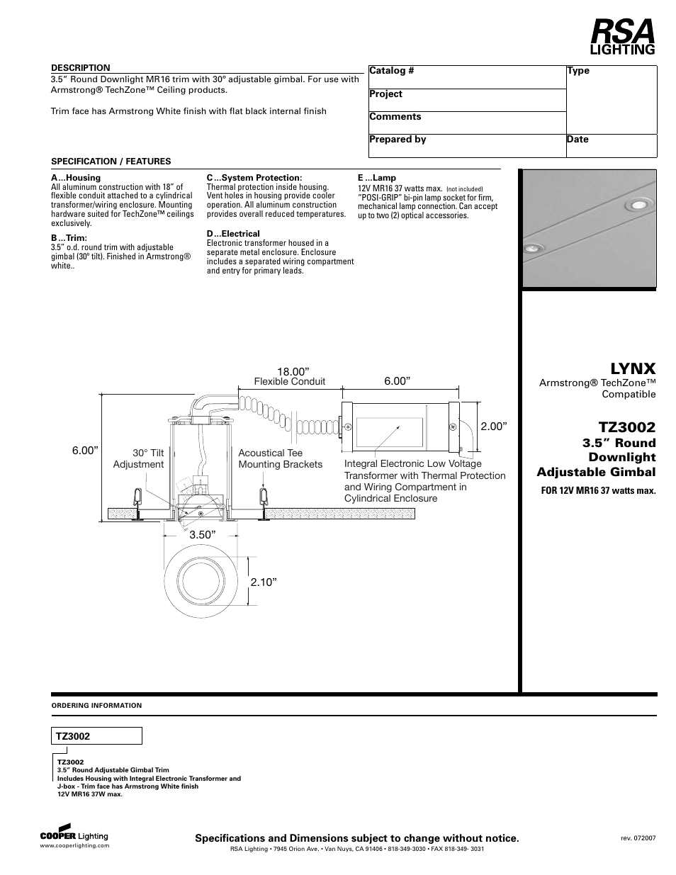 Cooper Lighting TZ3002 User Manual | 1 page