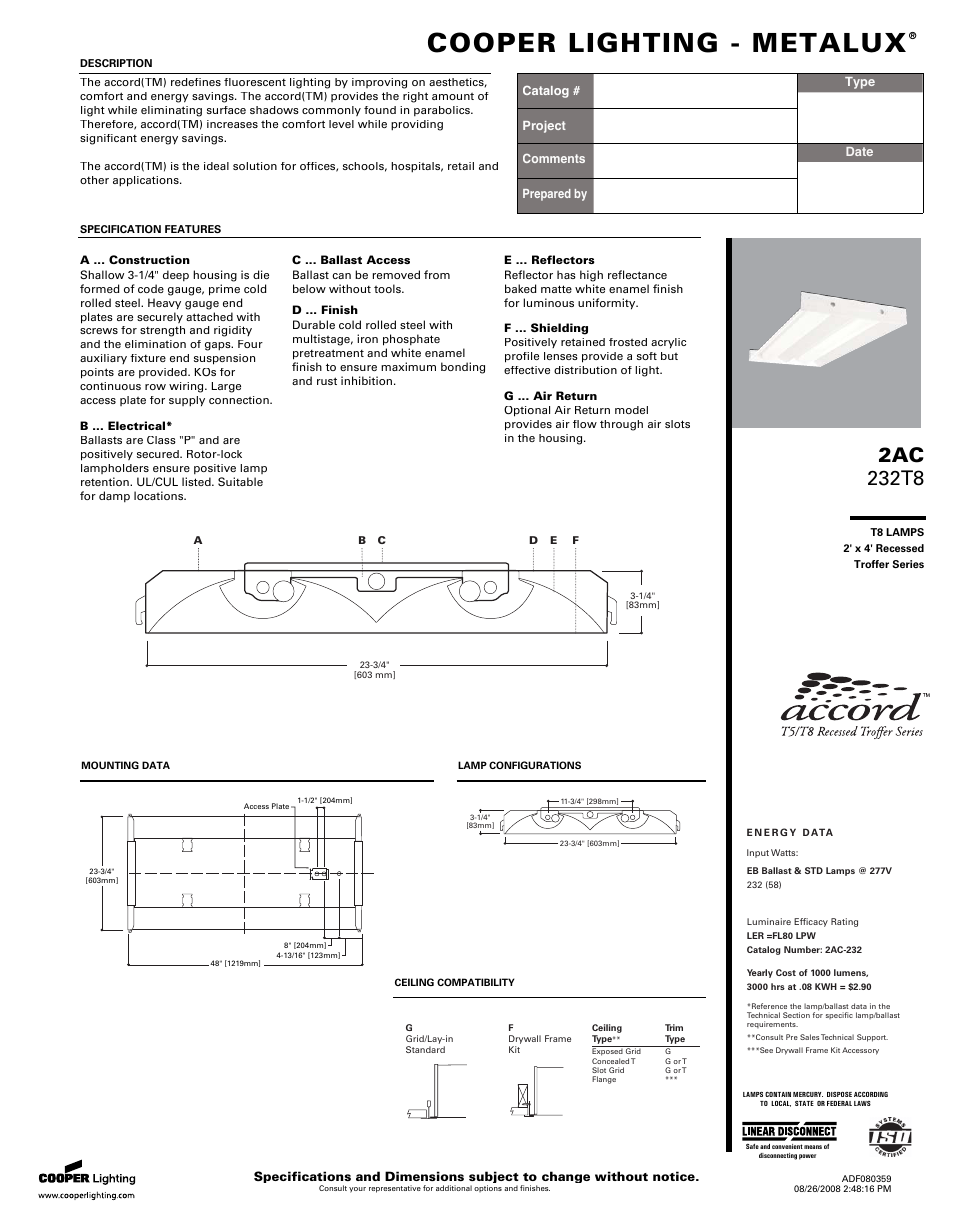 Cooper Lighting 232T8 User Manual | 2 pages