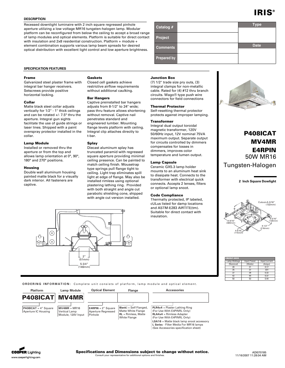 Cooper Lighting P408ICAT User Manual | 2 pages