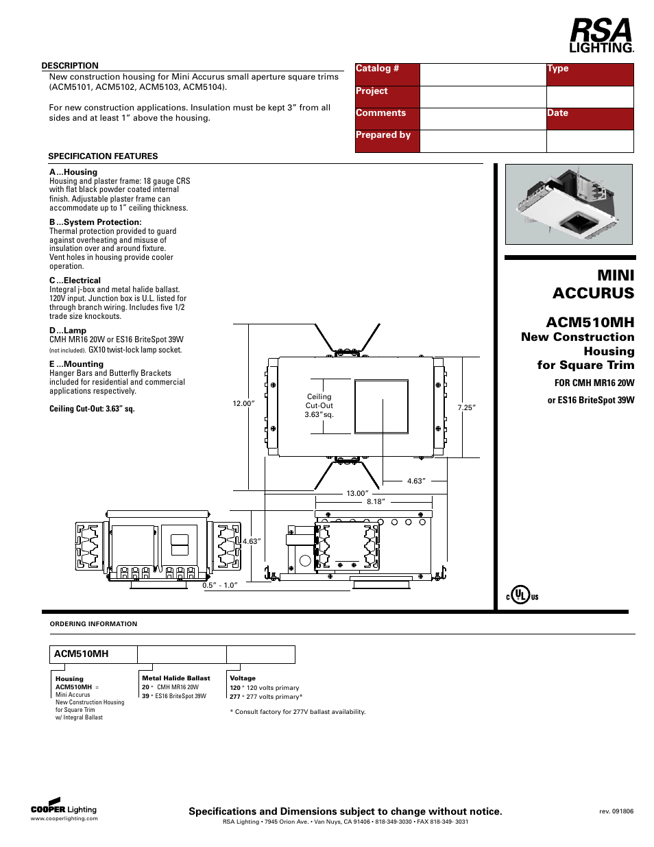 Cooper Lighting ACM510MH User Manual | 1 page