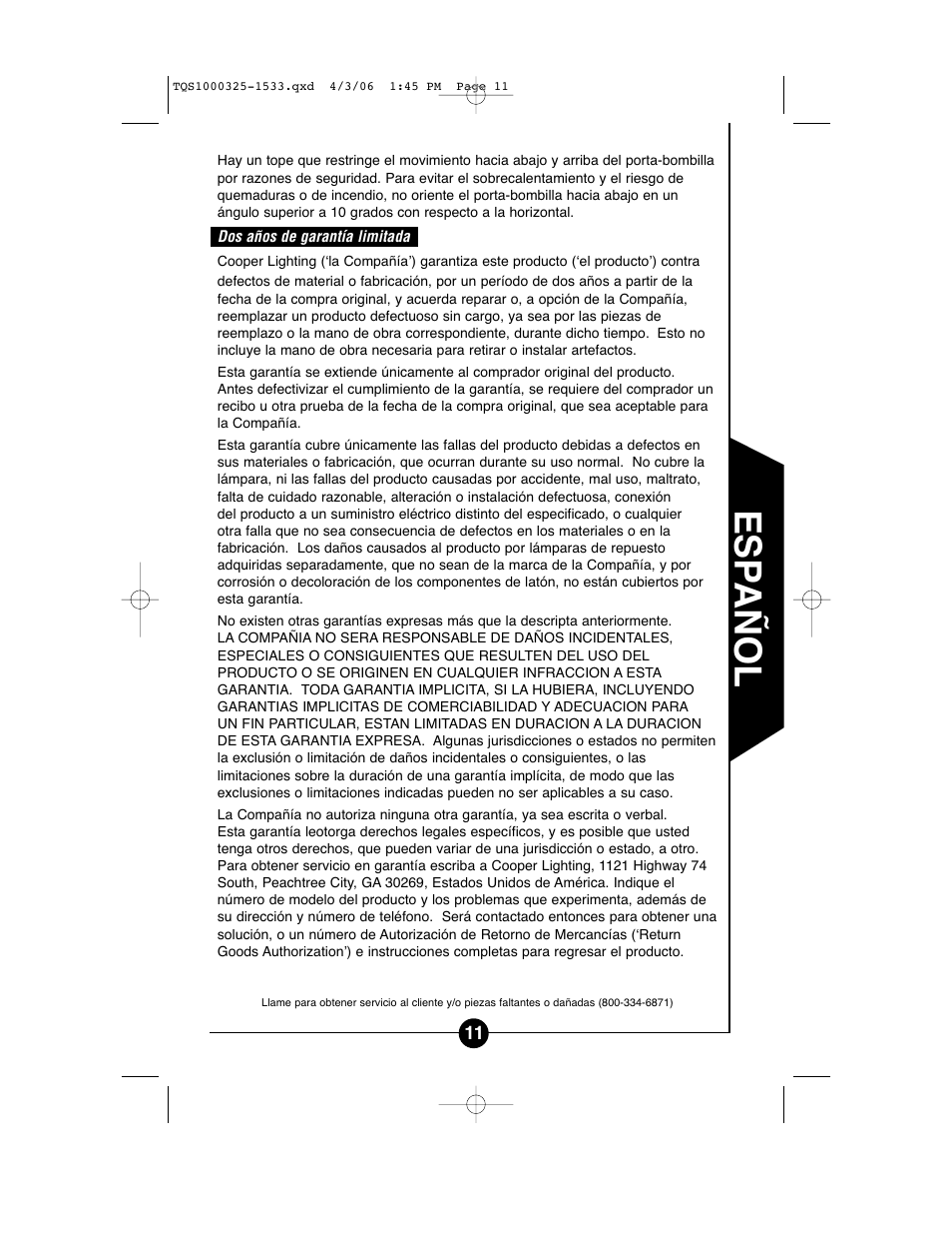 Esp añol | Cooper Lighting TQS1000 User Manual | Page 11 / 18