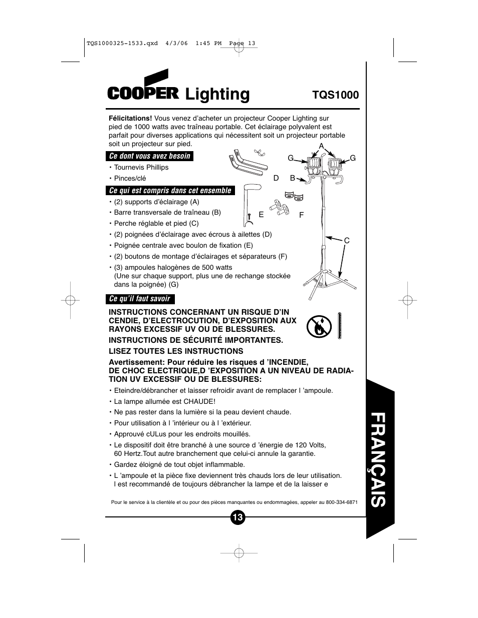 Français, Tqs1000 | Cooper Lighting TQS1000 User Manual | Page 13 / 18