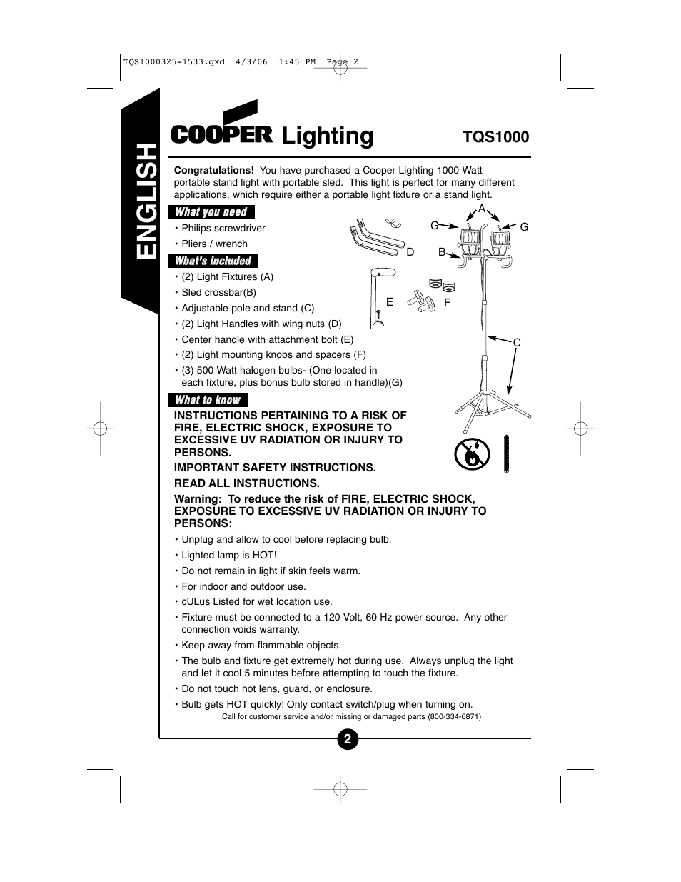 English, Tqs1000 | Cooper Lighting TQS1000 User Manual | Page 2 / 18