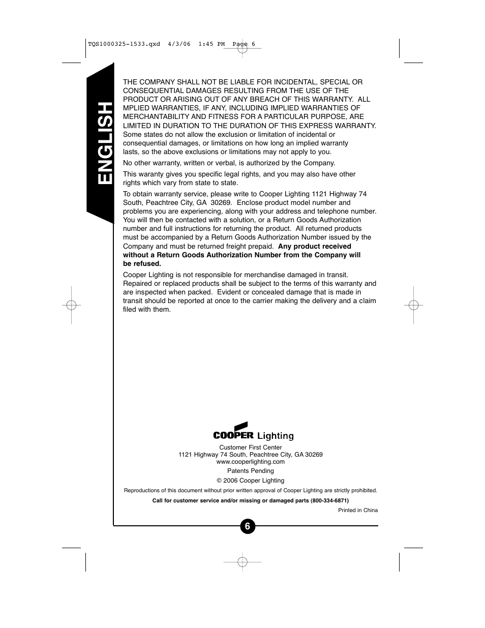 English | Cooper Lighting TQS1000 User Manual | Page 6 / 18