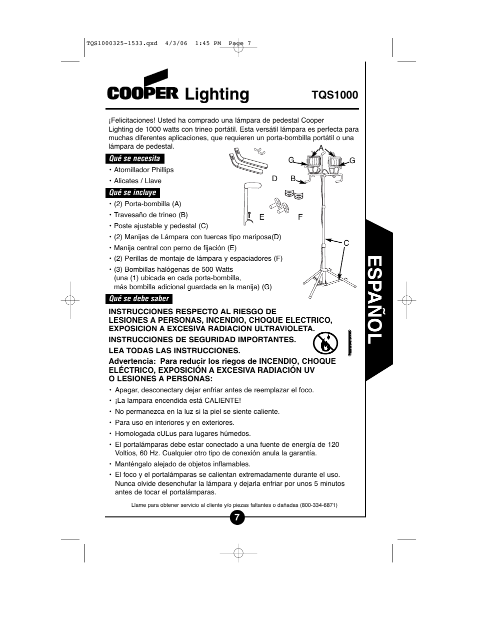 Esp añol, Tqs1000 | Cooper Lighting TQS1000 User Manual | Page 7 / 18