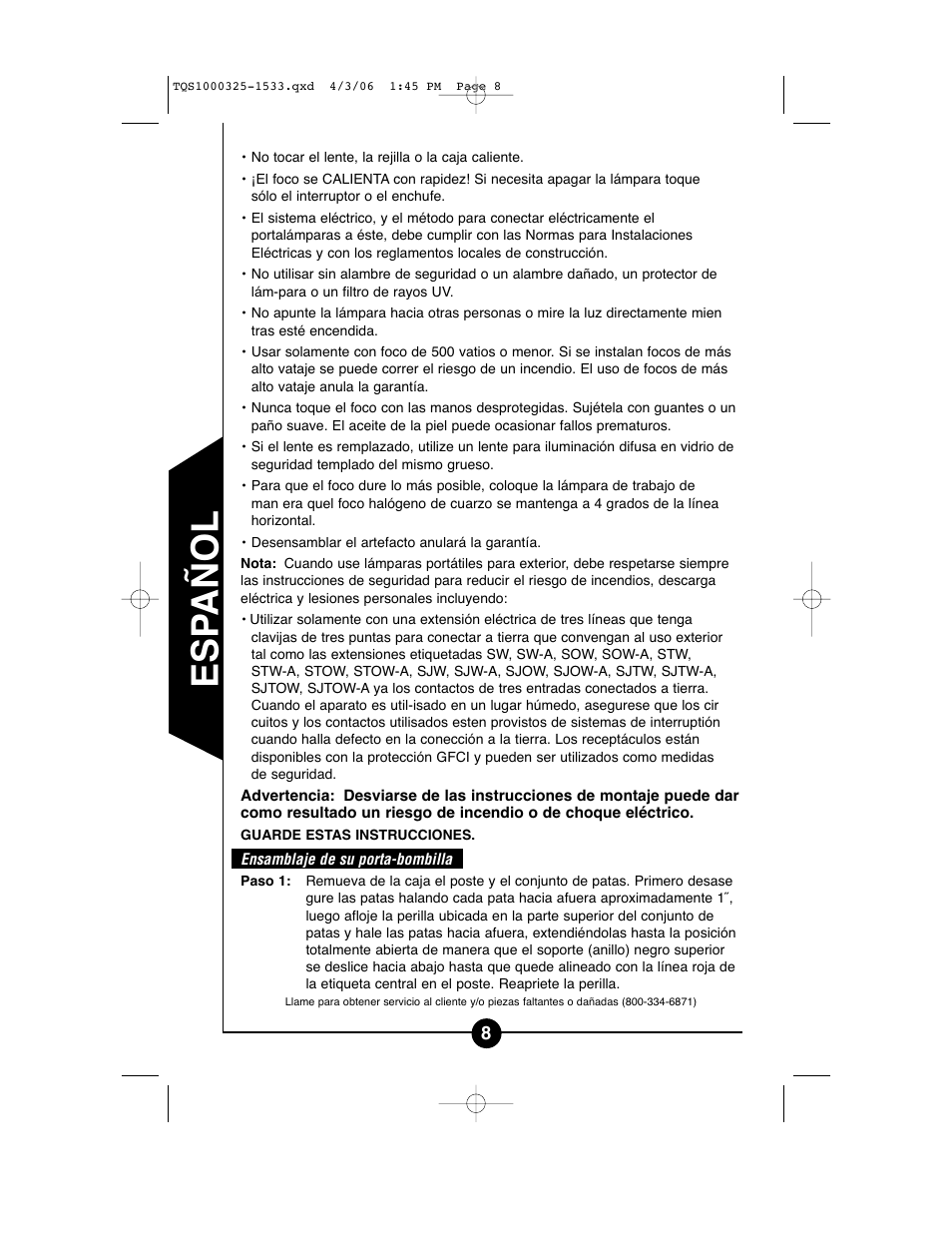 Esp añol | Cooper Lighting TQS1000 User Manual | Page 8 / 18