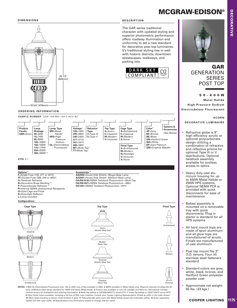 Cooper Lighting MCGRAW-EDISON GAR User Manual | 1 page