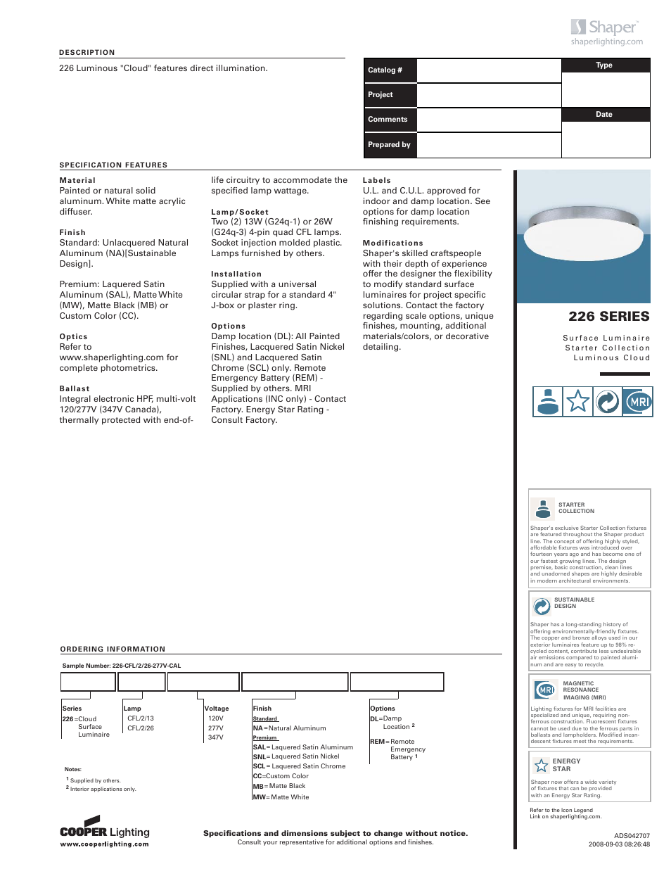 Cooper Lighting 226 User Manual | 2 pages
