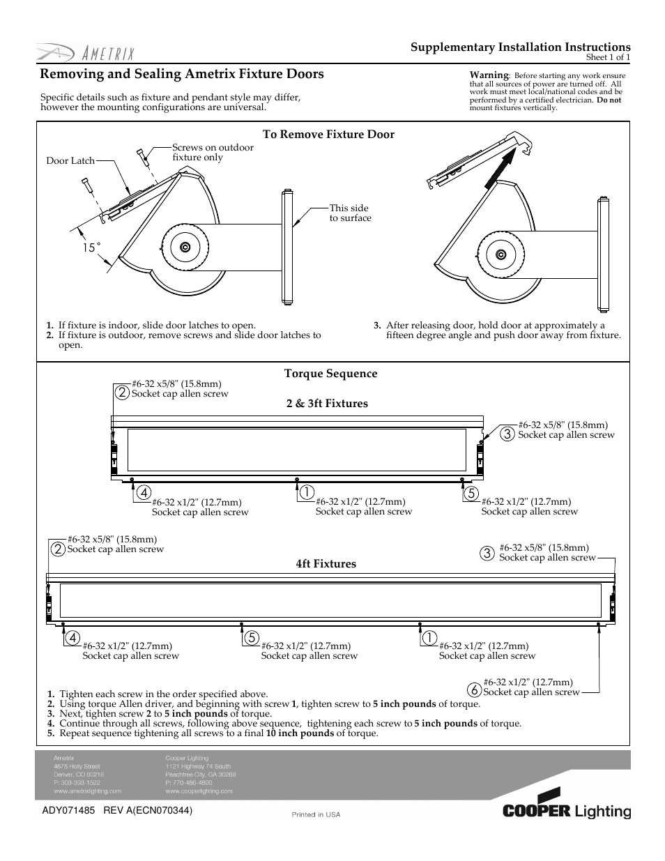 Cooper Lighting AMETRIX Fixture Doors User Manual | 1 page