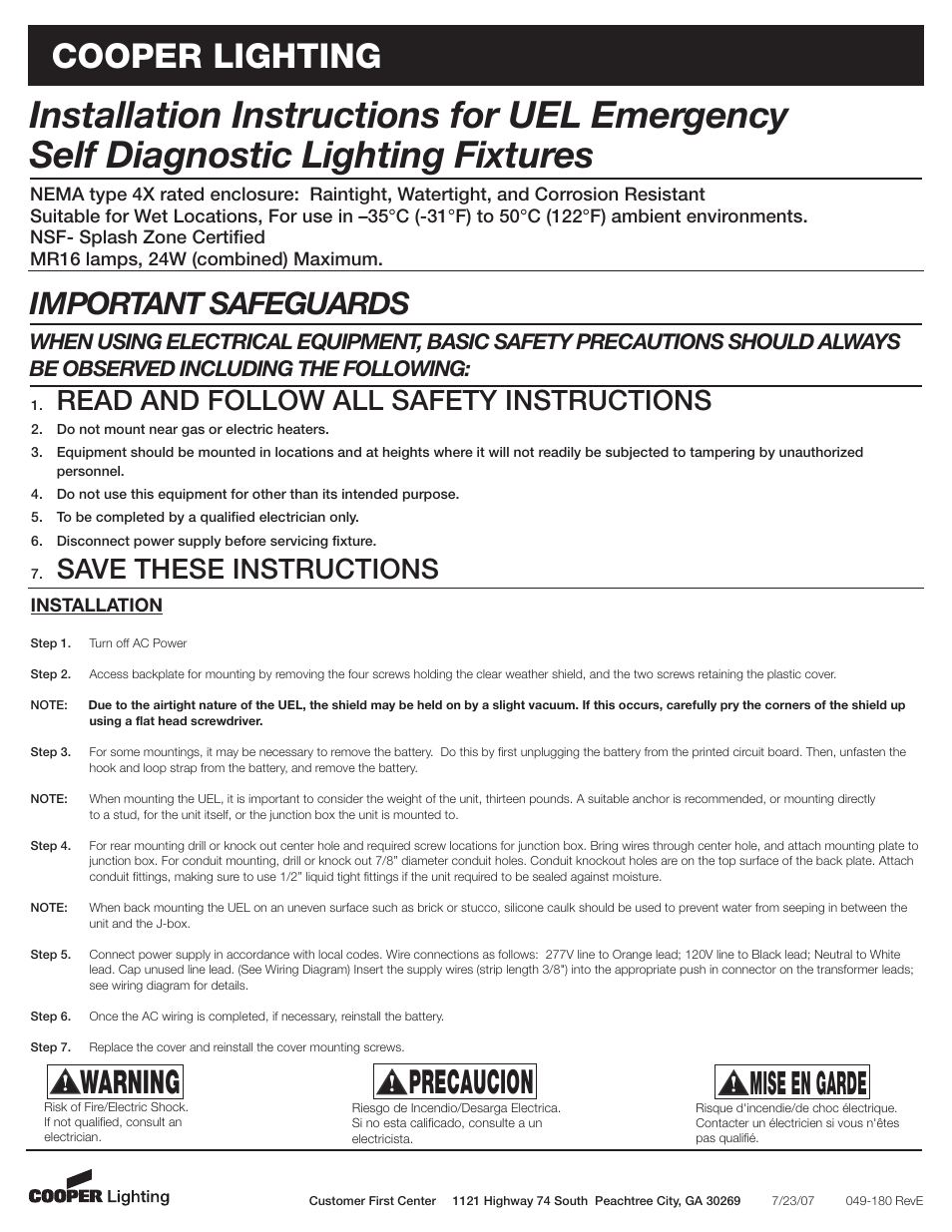 Cooper Lighting UEL Series User Manual | 2 pages