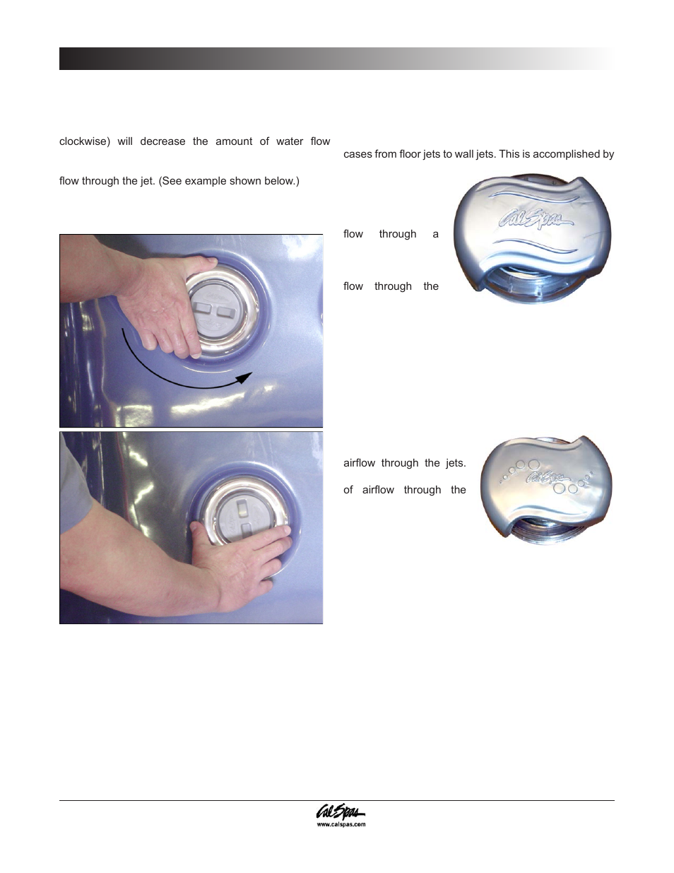 Adjustable jets, Diverter knobs, Air venturis | Operating your spa | Cal Spas 6300 User Manual | Page 20 / 52