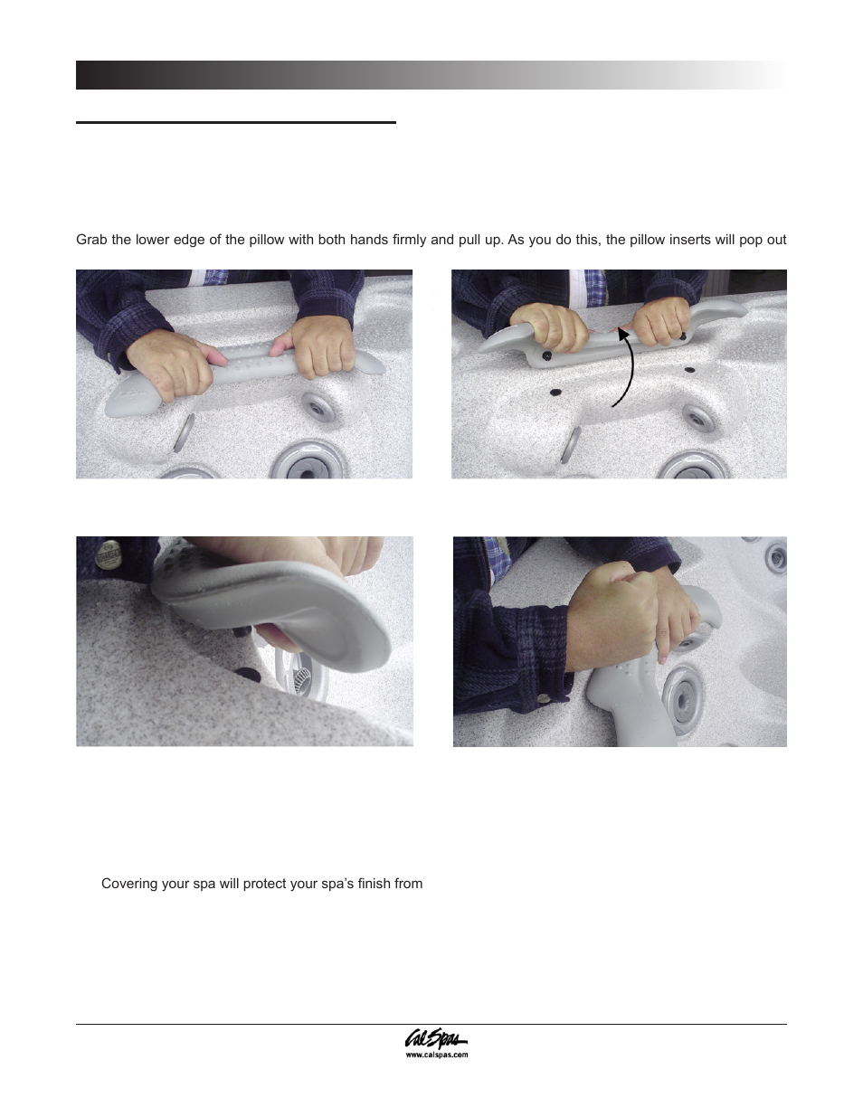 Cleaning and maintenance, Removing and reseating the pillows, Spa cover | Cal Spas 6300 User Manual | Page 30 / 52