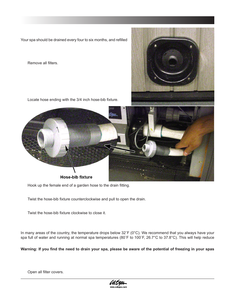 Draining your portable spa, Winterizing (cold climate draining), Cleaning and maintenance | Cal Spas 6300 User Manual | Page 31 / 52