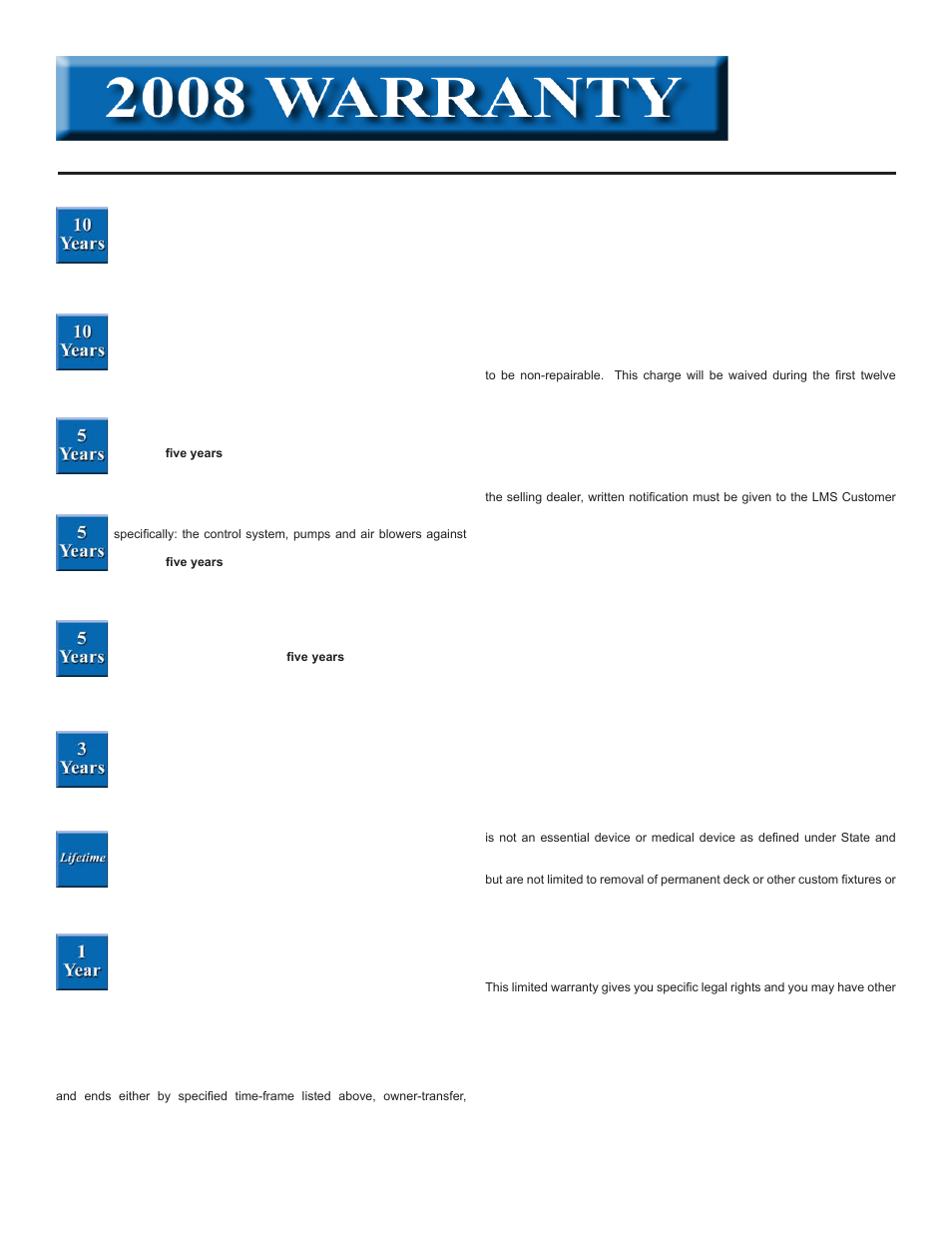 2008 warranty, U .s . and canada portable spas | Cal Spas 6300 User Manual | Page 48 / 52