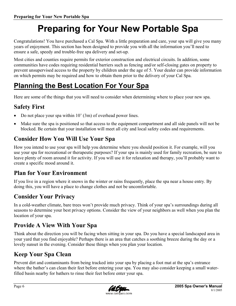 Preparing for your new portable spa, Planning the best location for your spa, Safety first | Consider how you will use your spa, Plan for your environment, Consider your privacy, Provide a view with your spa, Keep your spa clean | Cal Spas LTR20051000 User Manual | Page 10 / 120