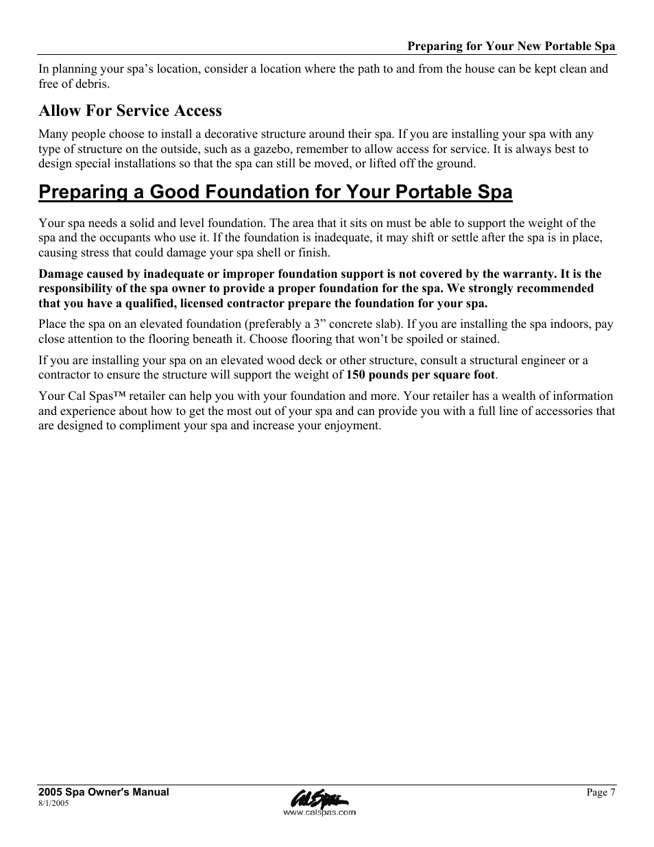 Preparing a good foundation for your portable spa, Allow for service access | Cal Spas LTR20051000 User Manual | Page 11 / 120