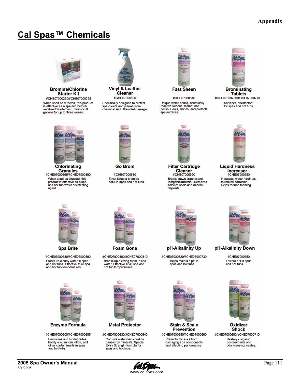 Cal spas™ chemicals | Cal Spas LTR20051000 User Manual | Page 115 / 120