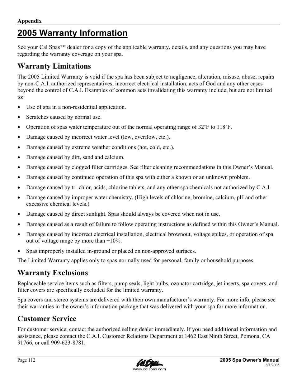 2005 warranty information, Warranty limitations, Warranty exclusions | Customer service | Cal Spas LTR20051000 User Manual | Page 116 / 120