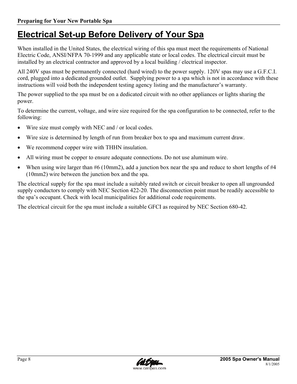 Electrical set-up before delivery of your spa | Cal Spas LTR20051000 User Manual | Page 12 / 120