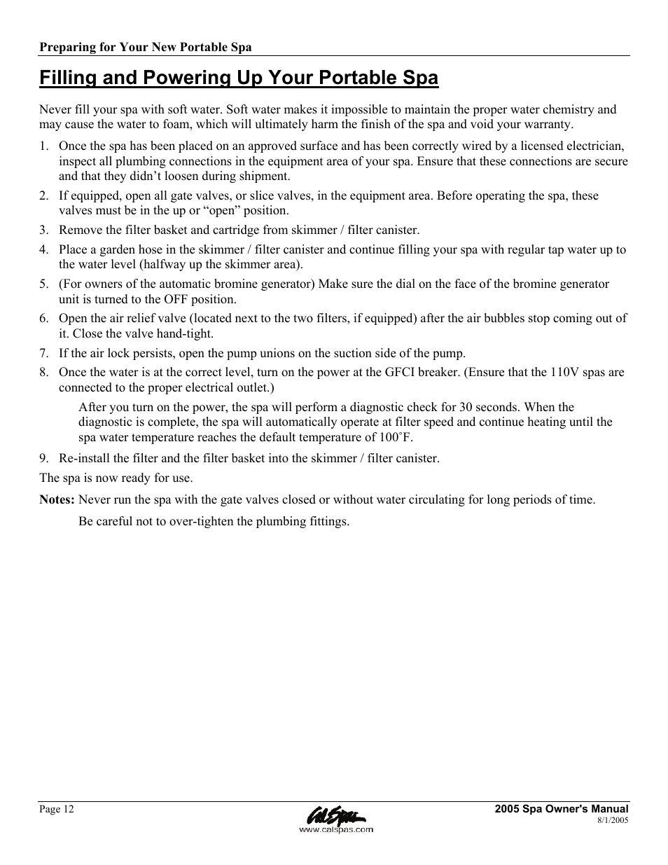 Filling and powering up your portable spa | Cal Spas LTR20051000 User Manual | Page 16 / 120