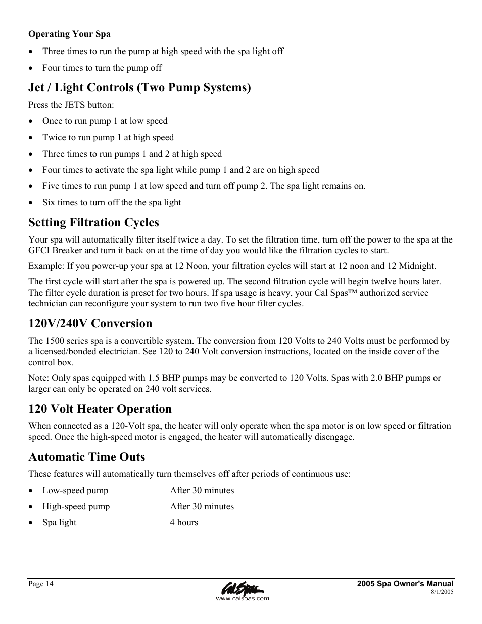 Jet / light controls (two pump systems), Setting filtration cycles, 120 volt heater operation | Automatic time outs | Cal Spas LTR20051000 User Manual | Page 18 / 120