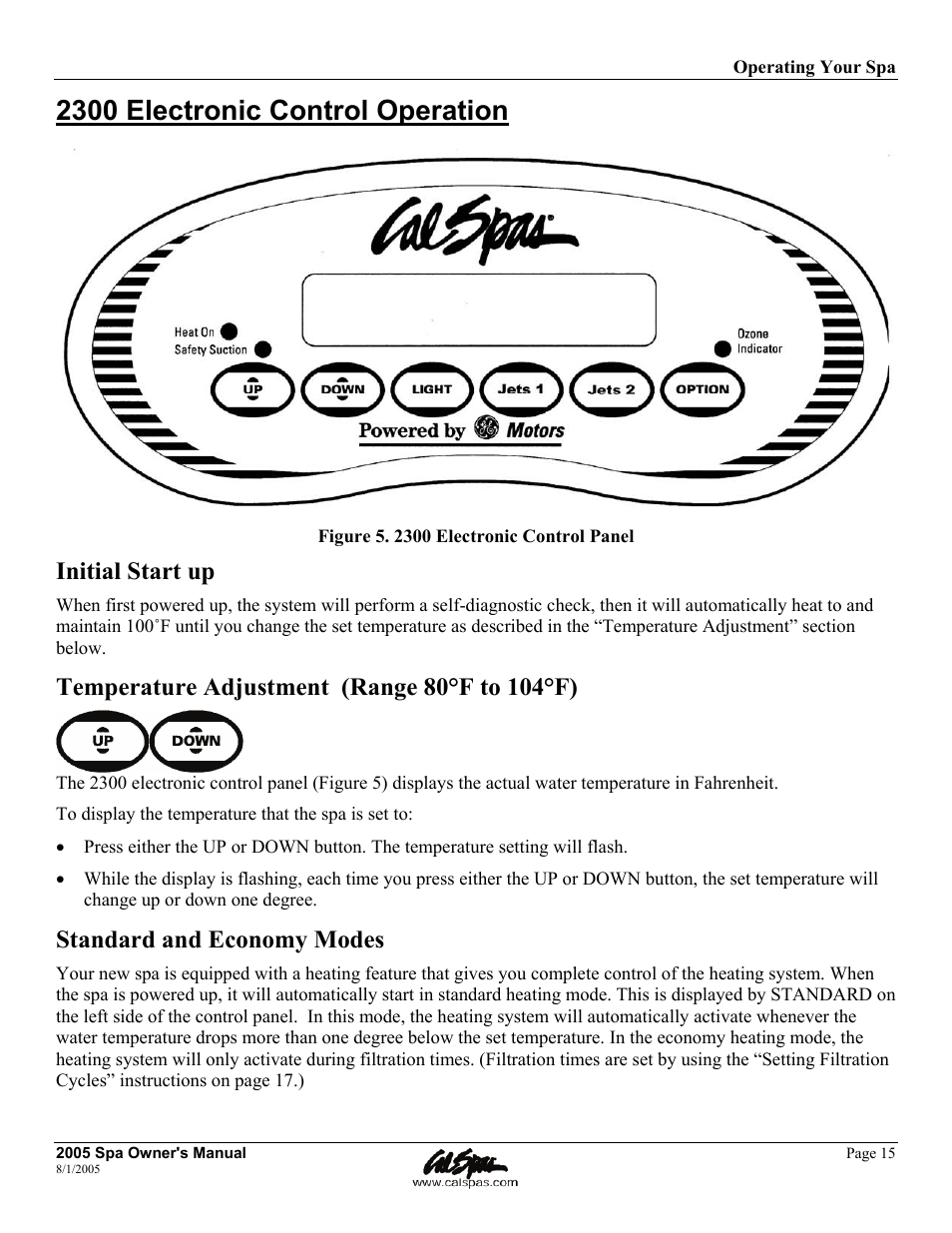 2300 electronic control operation, Initial start up, Standard and economy modes | Cal Spas LTR20051000 User Manual | Page 19 / 120