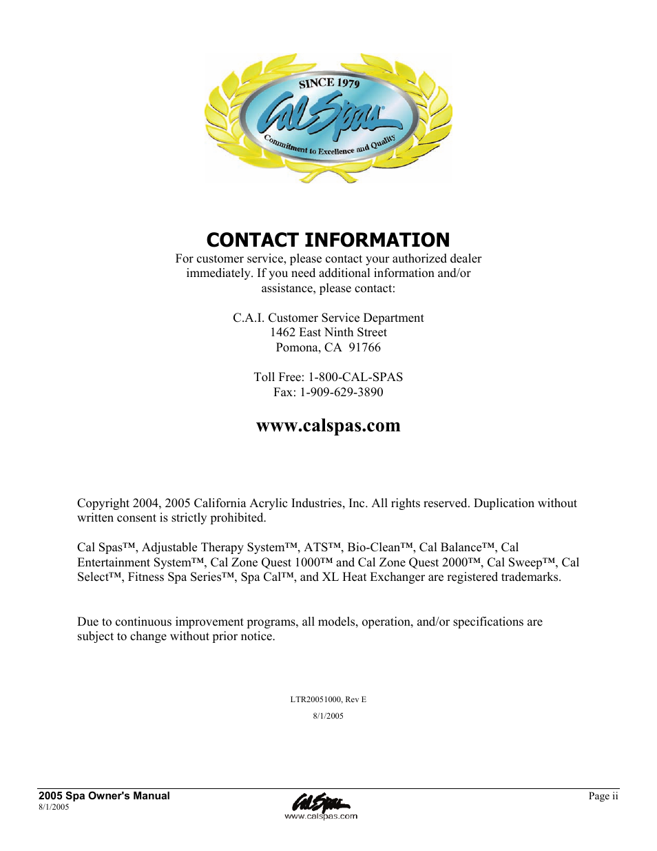 Contact information | Cal Spas LTR20051000 User Manual | Page 2 / 120
