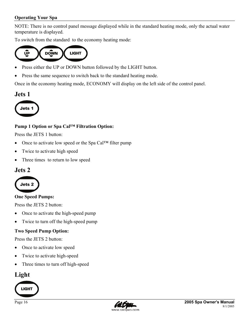 Jets 1, Jets 2, Light | Cal Spas LTR20051000 User Manual | Page 20 / 120